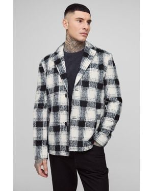 BoohooMAN Tall Boxy Oversized Brushed Plaid Overcoat - Grey