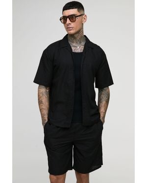BoohooMAN Tall Short Sleeve Oversized Linen Shirt & Short Set - Black