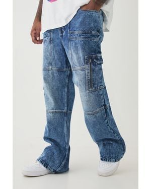 BoohooMAN Plus Acid Wash Panel Cargo Flared Jeans - Blue