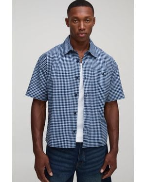 BoohooMAN Oversized Boxy Short Sleeve Micro Flannel Shirt - Blue