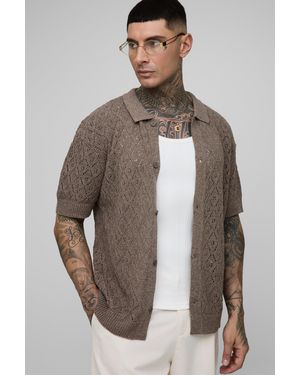 BoohooMAN Tall Oversized Boxy Leaf Pointelle Crochet Polo - Brown