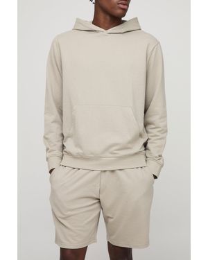 BoohooMAN 260Gsm Loopback Basic Regular Fit Over The Head Hoodie And Relaxed Jersey Short Set - Natural