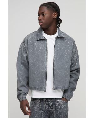 BoohooMAN Kastige Jeansjacke mit Strass - Grau
