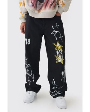 Boohoo Vaqueros Holgados Sin Tratar Con Estampado De Grafiti - Azul