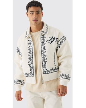 BoohooMAN Boxy Bm Embroidered Collared Bomber Jacket - Natural