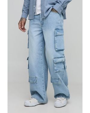 BoohooMAN Tall Relaxed Fit Acid Wash Cargo Jeans - Blue