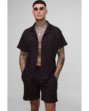 BoohooMAN Tall Jersey Broderie Shirt & Short Set - Black