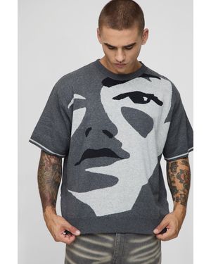 BoohooMAN Oversized Boxy Face Jacquard Knitted T-shirt - Grey