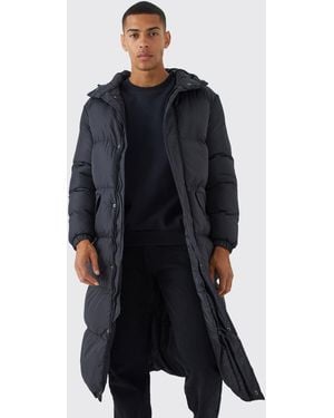 BoohooMAN Longline Hooded Puffer In Black - Blue