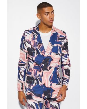 BoohooMAN Double Breasted Slim Marble Suit Jacket - Blue