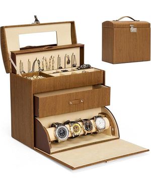 BoohooMAN Sheonly Retro Lockable Jewellery Box Organizer With Bracelet Holder And Mirror - Brown
