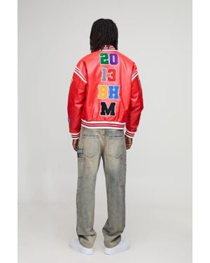 BoohooMAN Boxy Fit Letter Badge Applique Pu Varsity Bomber Jacket - Red