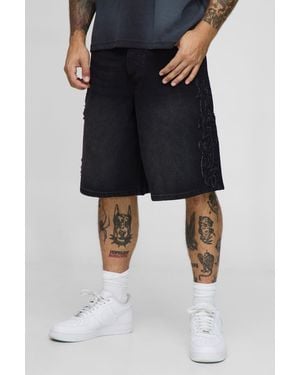 BoohooMAN Baggy Fit Distressed Applique Denim Shorts - Black