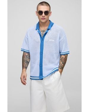 BoohooMAN Camisa Regular De Punto Calado Con Rayas En El Filo - Azul
