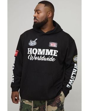 BoohooMAN Plus Oversized Puff Print Moto Badge Printed Hoodie - Black