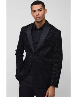 BoohooMAN Straight Fit Floral Velour Blazer - Blue