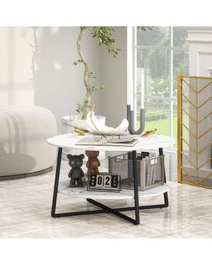 BoohooMAN Homcom Round Coffee Table With Storage Shelf And Marble Effect Top, White
