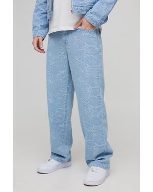 BoohooMAN Relaxed Fit Denim Floral Jacquard Jeans - Blue