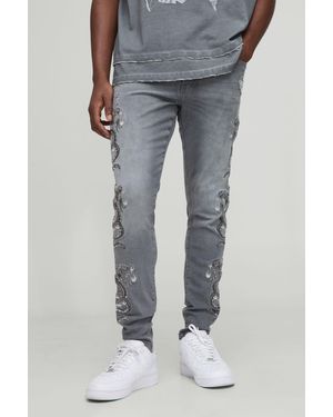 Boohoo Skinny Fit Snake Embroidery Chain Jeans - Gris
