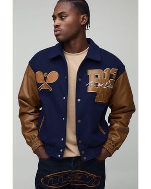 BoohooMAN Boxy Ofcl Tennis Applique Melton Varsity Bomber Jacket - Blue