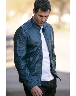 BoohooMAN Ashwood Leather 'n2' Premium Real Leather Vintage Biker Jacket - Blue