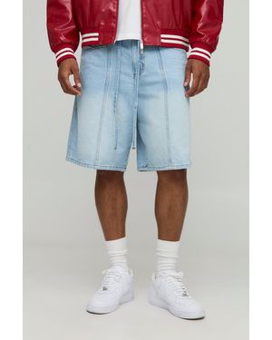 BoohooMAN Sfera Regular Fit Panelled Embroidered Jorts - Blue