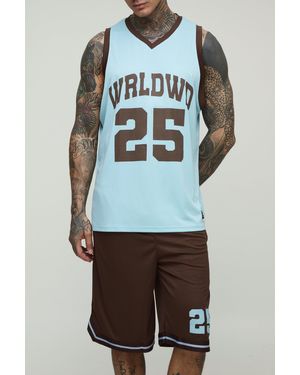 BoohooMAN Tall Wrldwd Airtex Oversized Vest & Basketball Short Set - Blue