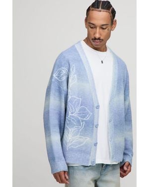 BoohooMAN Oversized Boxy Fit Ombre Stripe Floral Graphic Knitted Cardigan - Blau
