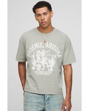 BoohooMAN Khaki Oversized Boxy Raw Hem Phoenix Washed Western T-shirt - Grey