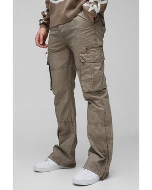 BoohooMAN Tall Slim Flare Zip Gusset Overdye Acid Wash Cargo Pants - Brown