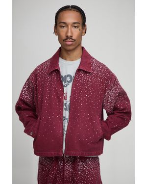 Boohoo Boxy Rhinestone Jean Jacket - Red