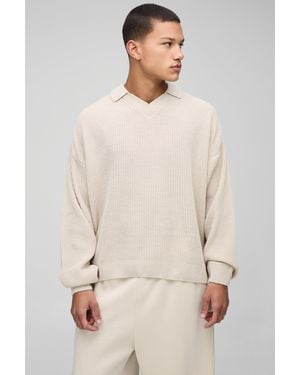 BoohooMAN Oversized Boxy Double Collar Detail Knitted Sweater - Natural