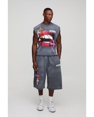 BoohooMAN Oversized Shrunken Lips Graphic Washed Distressed Tank & Jorts Set - Blue