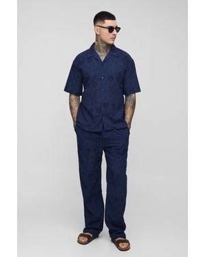 BoohooMAN Tall Oversized Palm Tree Broderie Shirt & Trouser Set - Blue