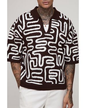 BoohooMAN Tall Boxy Oversized Abstract Knit Polo - Black