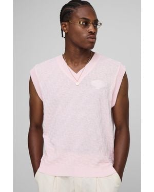 BoohooMAN Boxy Regular Embroidered Crosshatch Knitted Tank - Pink