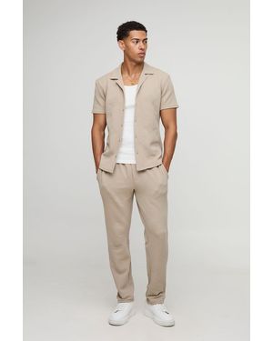 BoohooMAN Slim Fit Geo Jacquard Shirt & Tapered Pants Set - Natural