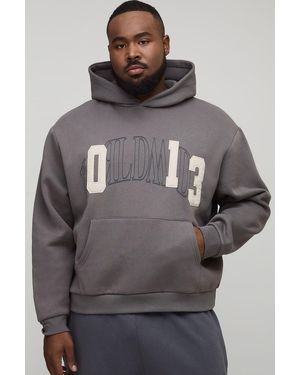BoohooMAN Plus Oversized Boxy Worldwide Applique Hoodie - Gray