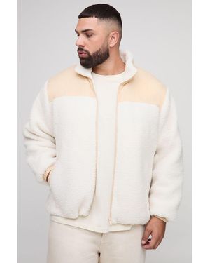 Boohoo Plus Regular Fit Borg Zip Through Nylon Panel Funnel Neck Jacket - Blanco