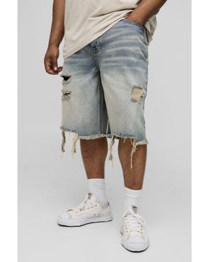 BoohooMAN Plus Relaxed Fit Stonewash Raw Hem Distressed Jorts - Blue