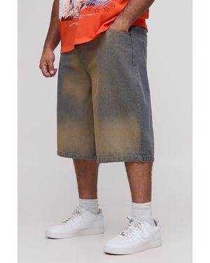 BoohooMAN Plus Relaxed Fit Extreme Sun Bleached Wash Longline Jorts - Grau