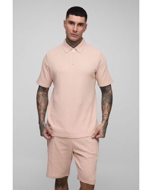 Boohoo Tall Poloshirt & Shorts in Waffeloptik - Natur