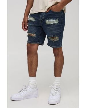 BoohooMAN Skinny Fit Ripped Washed Light Jean Shorts - Blue