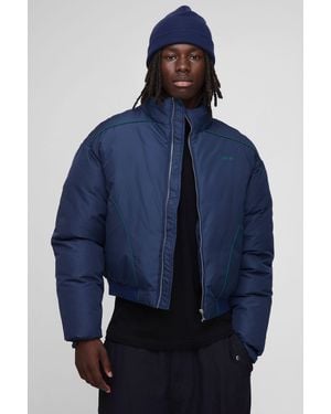 BoohooMAN Oversized Boxy Piping Panel Funnel Neck Puffer Jacket - Blue