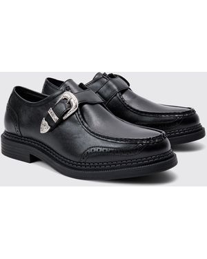 BoohooMAN Faux Leather Derby Shoes With Western Buckle - Black
