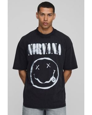 BoohooMAN Oversized Extended Neck Nirvana Acid Wash License Graphic T Shirt - Grey