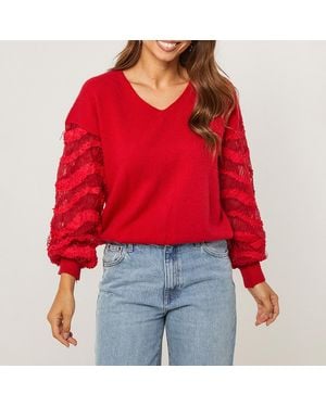 Sofiacashmere Mesh Ruffle Sleeve Cashmere Blend Jumper - Red