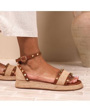 Where's That From 'Katara' Wide Fit Studded Gladiator Braided Strap Espadrille Flatform - Brown