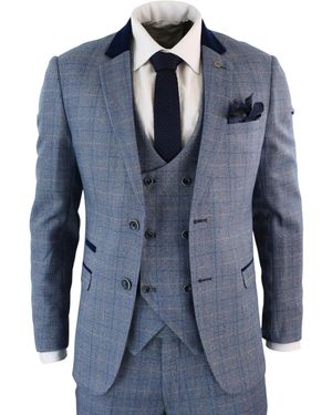 Infinity Leather 3 Piece Herringbone Check Suit - Blue