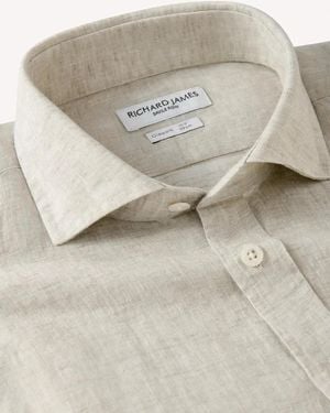 Richard James Classic Stone 100% Linen Shirt Semi Cut-Away Collar Single Cuff - Grey